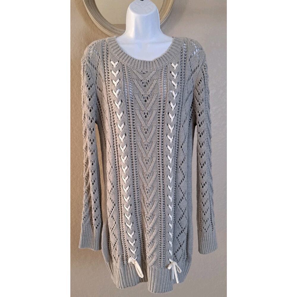 Lovers + Friends Lace Up Cable Knit Sweater Dress Gray Mini Sz M Winter Boots - Picture 3 of 10